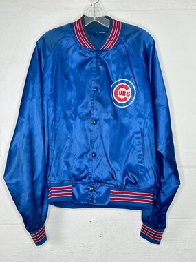 Vintage 80s Chicago Cubs Satin Bomber Jacket Blue Chalk Line 1st Night Game MLB